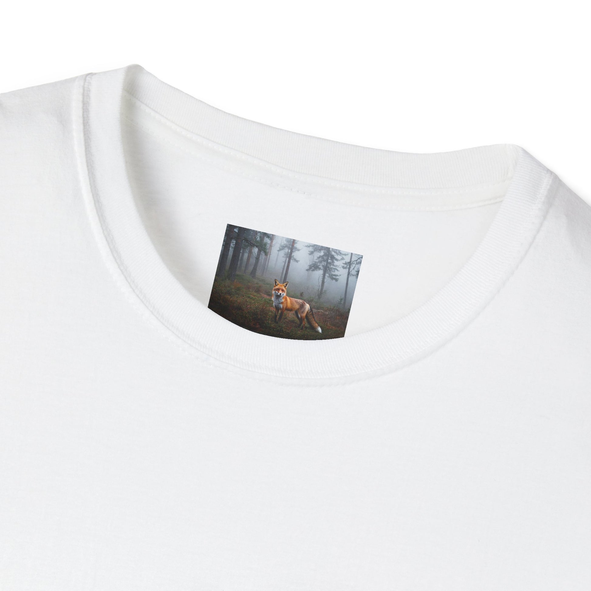 White cotton t-shirt featuring a forest-themed tag with a fox design.