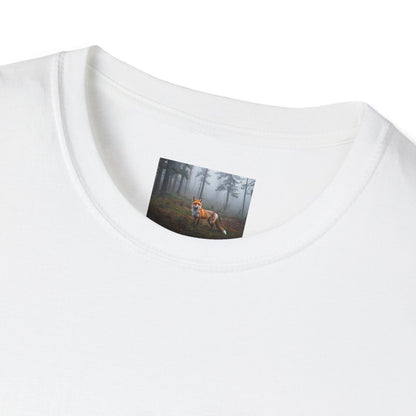White cotton t-shirt featuring a forest-themed tag with a fox design.
