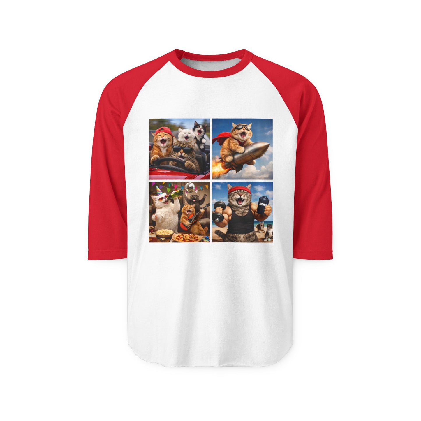 Cat Adventure Raglan Shirt – Funny Superhero & Pirate Cat Collage 3/4 Sleeve