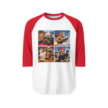 Cat Adventure Raglan Shirt – Funny Superhero & Pirate Cat Collage 3/4 Sleeve