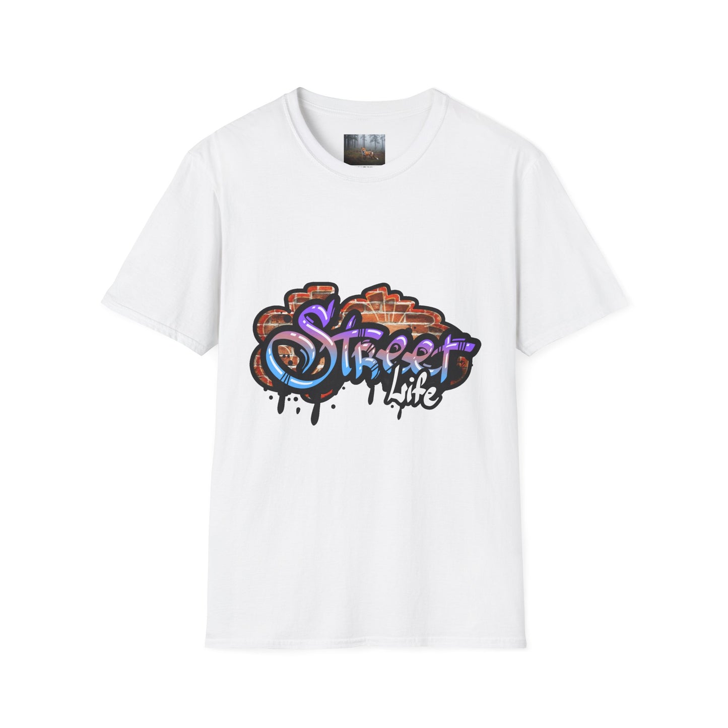 White t-shirt featuring vibrant graffiti 'Street Life' print, perfect for casual streetwear enthusiasts.