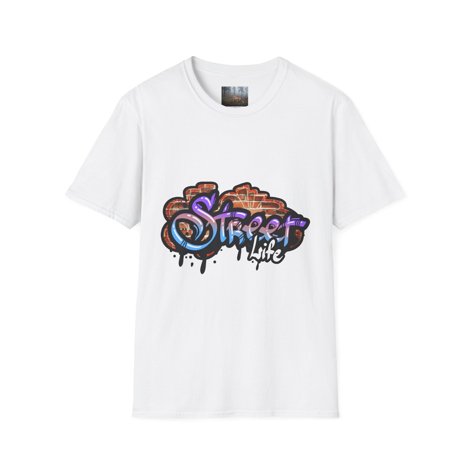 White t-shirt featuring vibrant graffiti 'Street Life' print, perfect for casual streetwear enthusiasts.