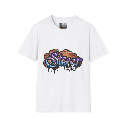 White t-shirt featuring vibrant graffiti 'Street Life' print, perfect for casual streetwear enthusiasts.
