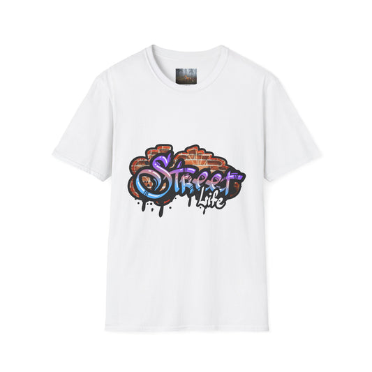 White t-shirt featuring vibrant graffiti 'Street Life' print, perfect for casual streetwear enthusiasts.