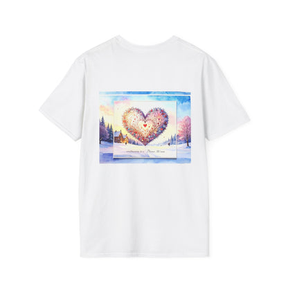 White t-shirt featuring colorful heart graphic design, perfect for casual wear.
