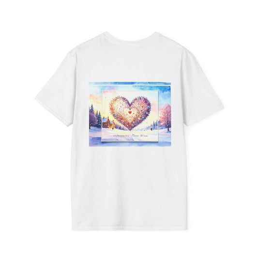 White t-shirt featuring colorful heart graphic design, perfect for casual wear.
