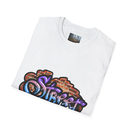 White cotton t-shirt featuring colorful street graffiti design, perfect for casual wear.