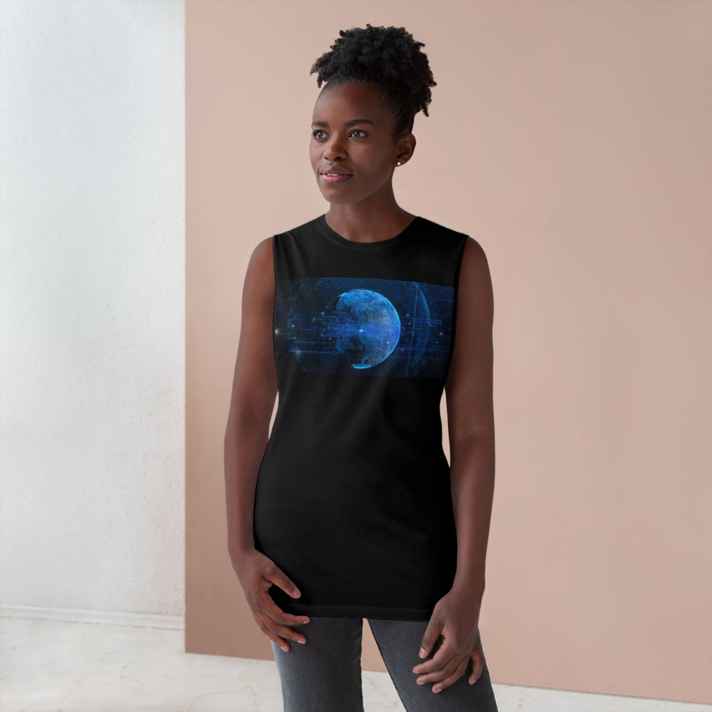 Barnard Tank Top — Futuristic Blue Moon & Pig Photo Graphic Muscle Tee