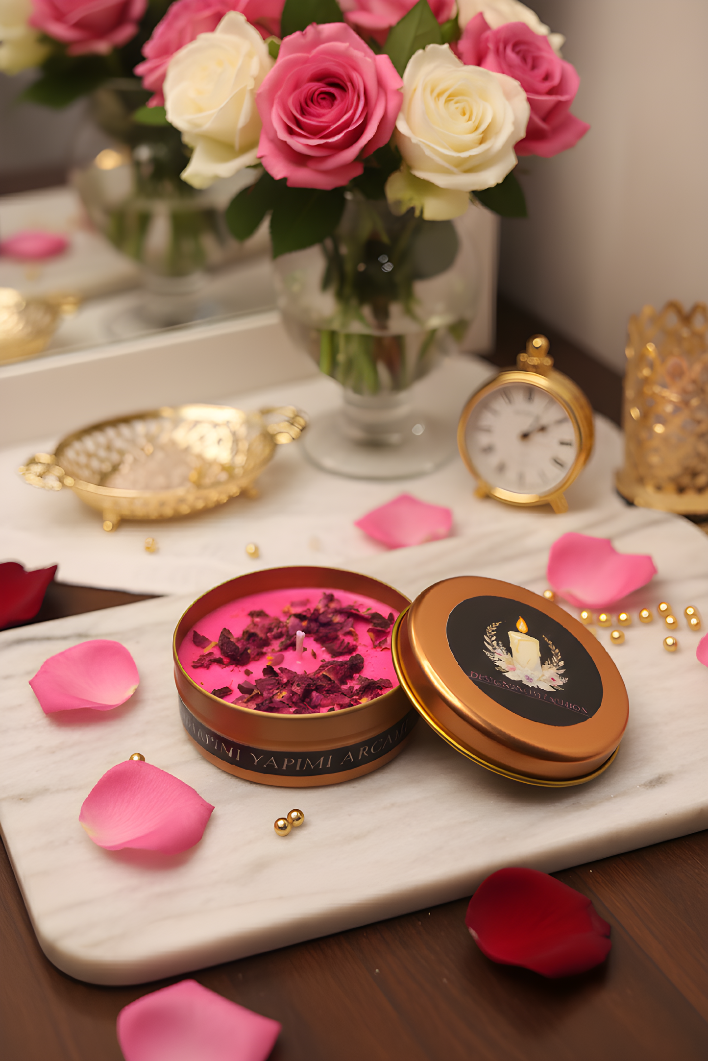 Gül Aromalı El Yapımı Dekoratif Mum – Romantik ve Rahatlatıcı Koku
